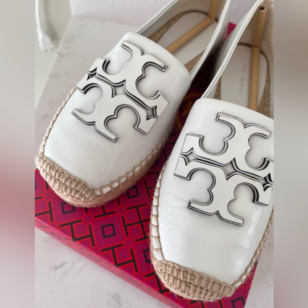 Tory Burch White Leather Logo Espadrille Loafers